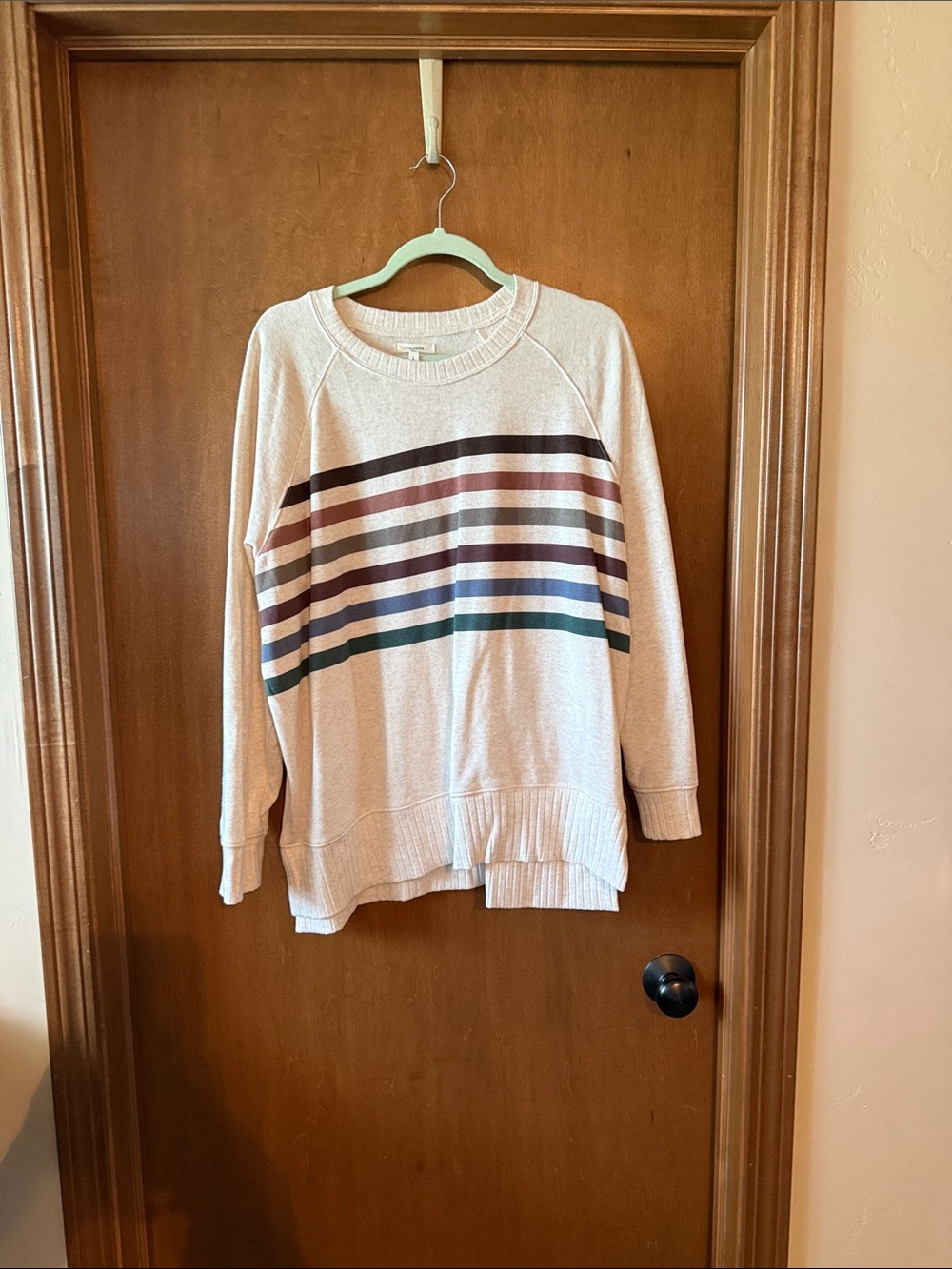 Maurices Cream Sweater with Black, Burgundy and Olive Stripes